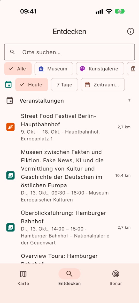 Der Bereich Entdecken mit den heutigen Veranstaltungen, nach Entfernung sortiert.