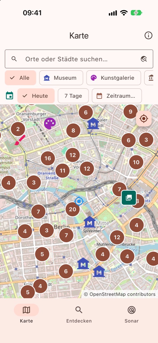 Die Karte von Berlin mit gruppierten Kulturorten und Filtern nach Kategorie und Zeitraum der Veranstaltungen.