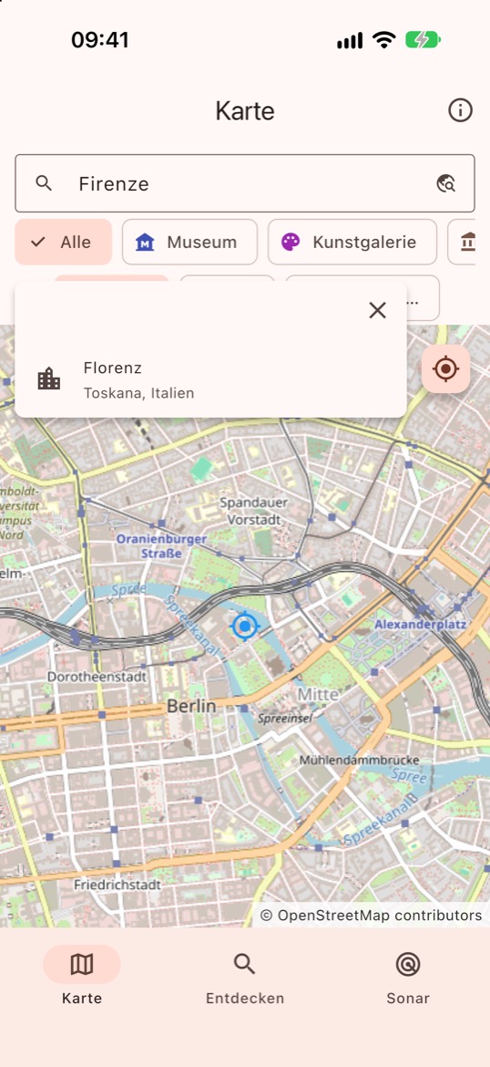 Die Städtesuche: Bei Eingabe von Firenze erscheint das Ergebnis zur Auswahl.