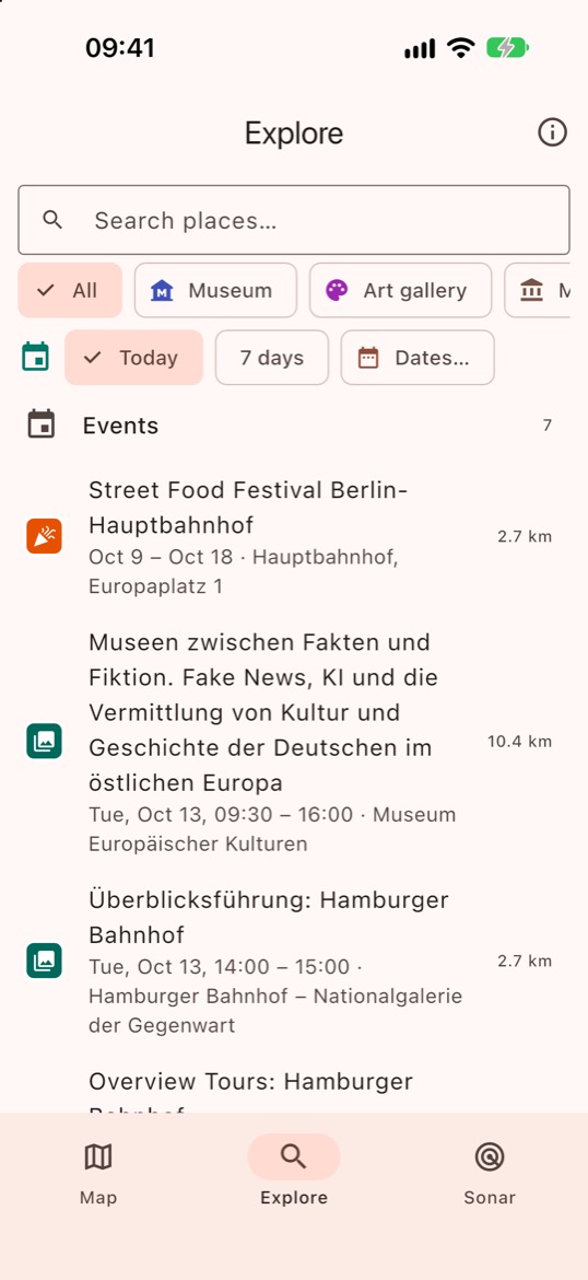 The Explore section with today's events, sorted by distance.