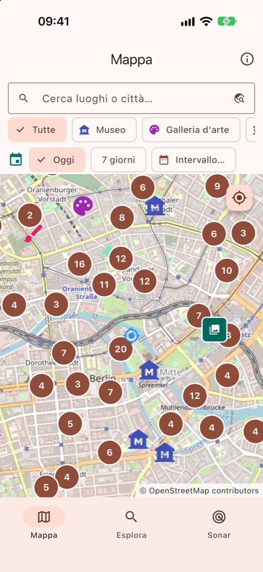 La mappa di Berlino con i luoghi culturali raggruppati e i filtri per categoria e periodo degli eventi.