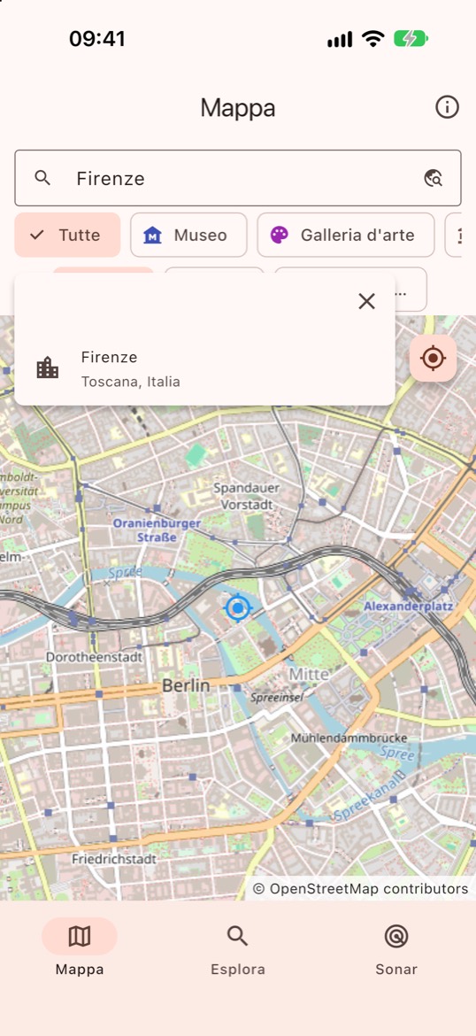 La ricerca di una città: scrivendo Firenze compare il risultato da scegliere.